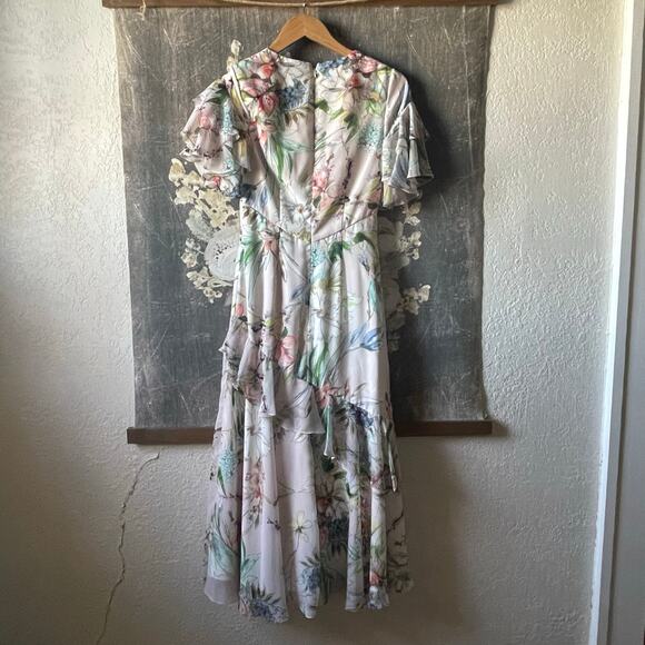 Theia Floral Ruffle Midi Dress Blush Pink Size 0 - Picture 9 of 9